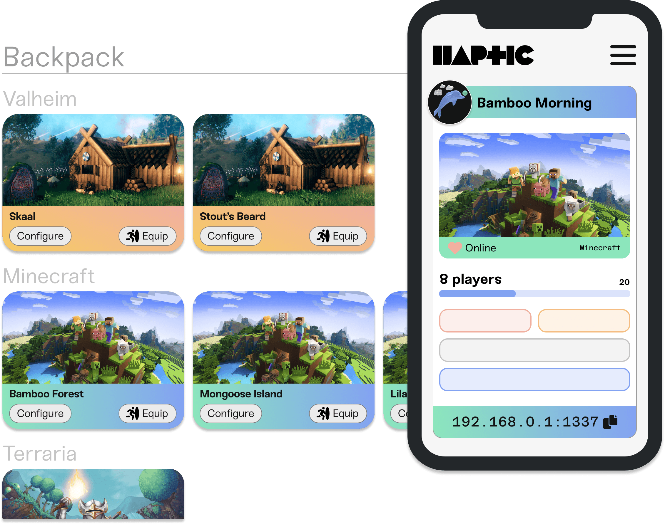 Smart phone with a screenshot of a Haptic game server interface